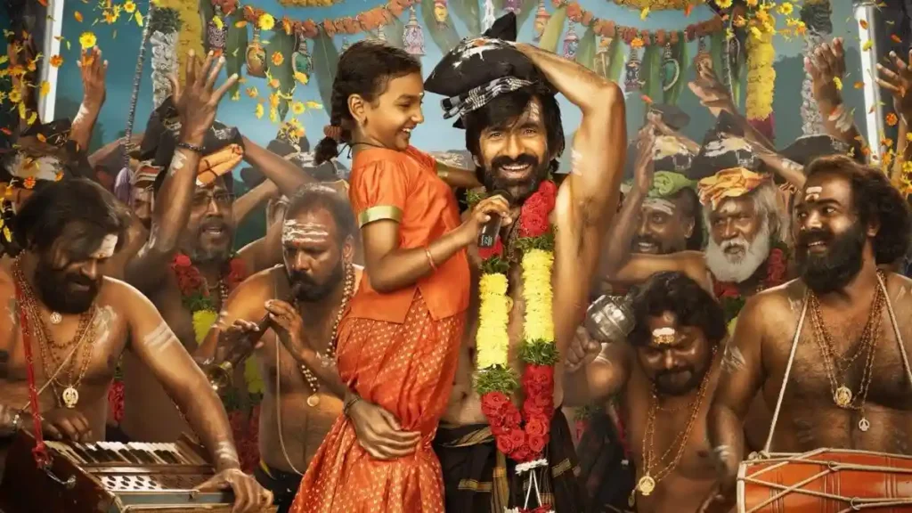 Ravi Teja holding a kid in Irumudi Telugu movie poster