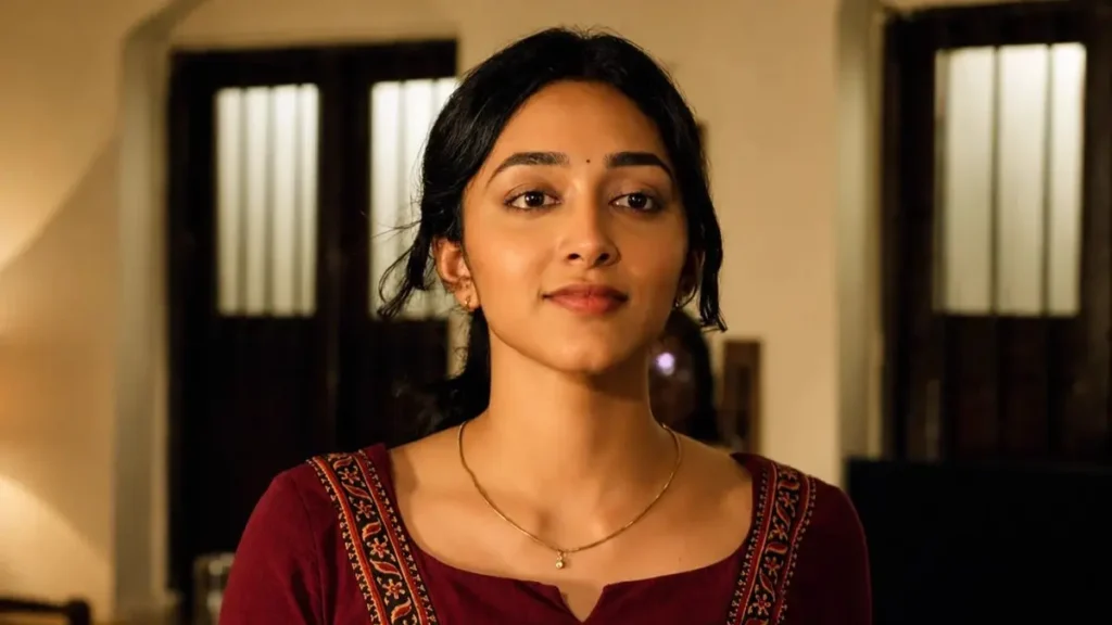Preity Mukhundhan looking forward with a gentle smile in a maroon ethnic top indoors.
